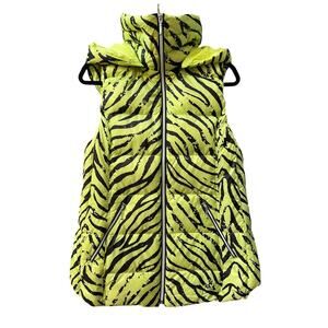 My Anorak Y2K Zebra Down Hooded Puffer Vest | Womens L, Lime Green Black NWT